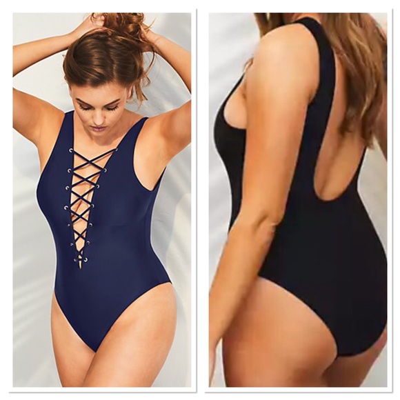 Plunge Neckline Lace up One Piece Swimsuit - Picture 2 of 5